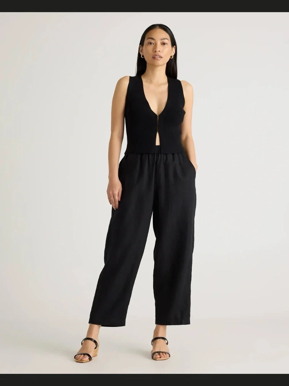 Sz L Quince Black 100% European Linen Ankle Length Relaxed Straight Leg Pant NWT